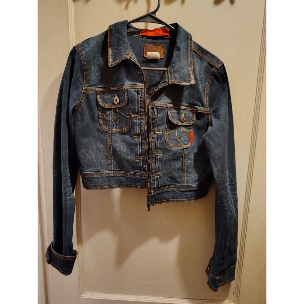 Vintage Level 99 Jacket Women's Large Blue Full Zip Jean Cropped Pockets Stretch